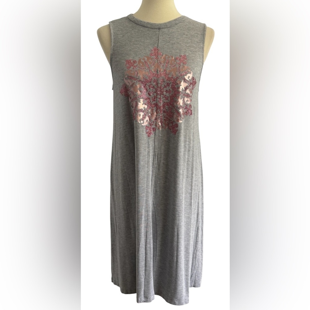 Time and Tru Gray Midi Dress with Pink Metallic Floral Medallion